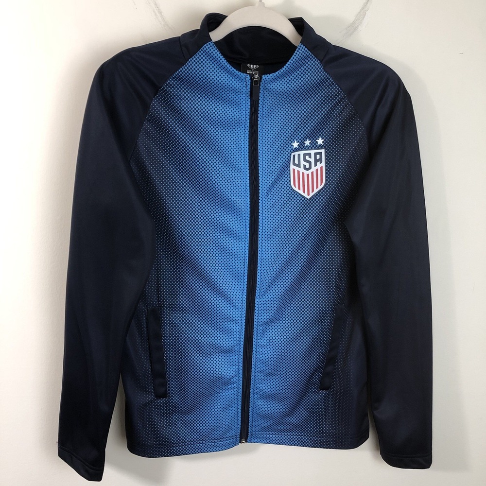 USA Track Style Women's Full Zip Jacket USA Across Back Sz S Navy